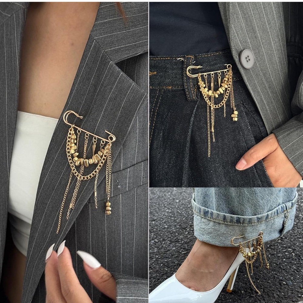Women Layered Chain Brooch Pin Gold or Silver
